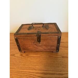 Vintage Rustic Primitive Carved Wood Indian Box Chest